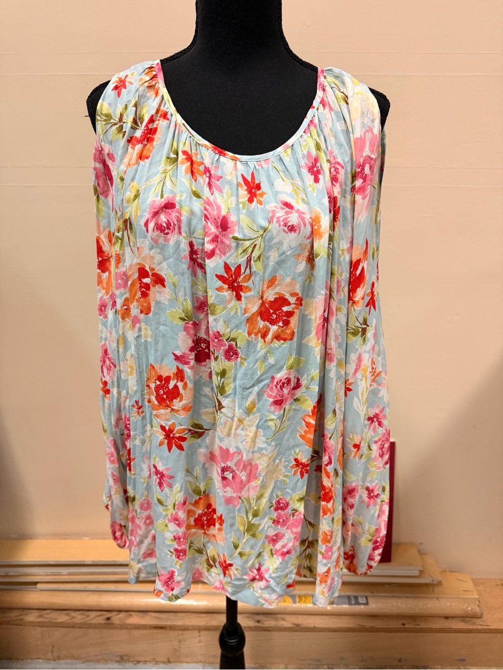 J. Jill Light Blue Floral Sleeveless Tunic with Pink and Orange Blooms